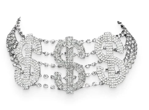 Dazzling Dollar Sign Choker: A Glamorous Accessory with Rhinestones and Gleaming Brass