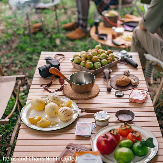 Trendha Outdoor Folding Egg Roll Table made of durable beechwood for camping, picnics, and outdoor use