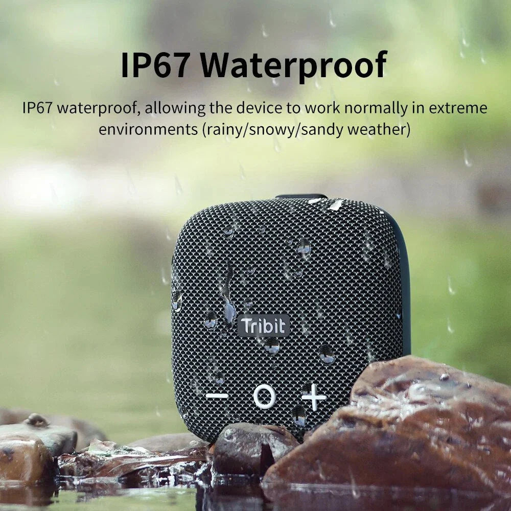 Portable Bluetooth speaker with powerful bass, IP67 waterproof rating, built-in power bank, and 12-hour battery life