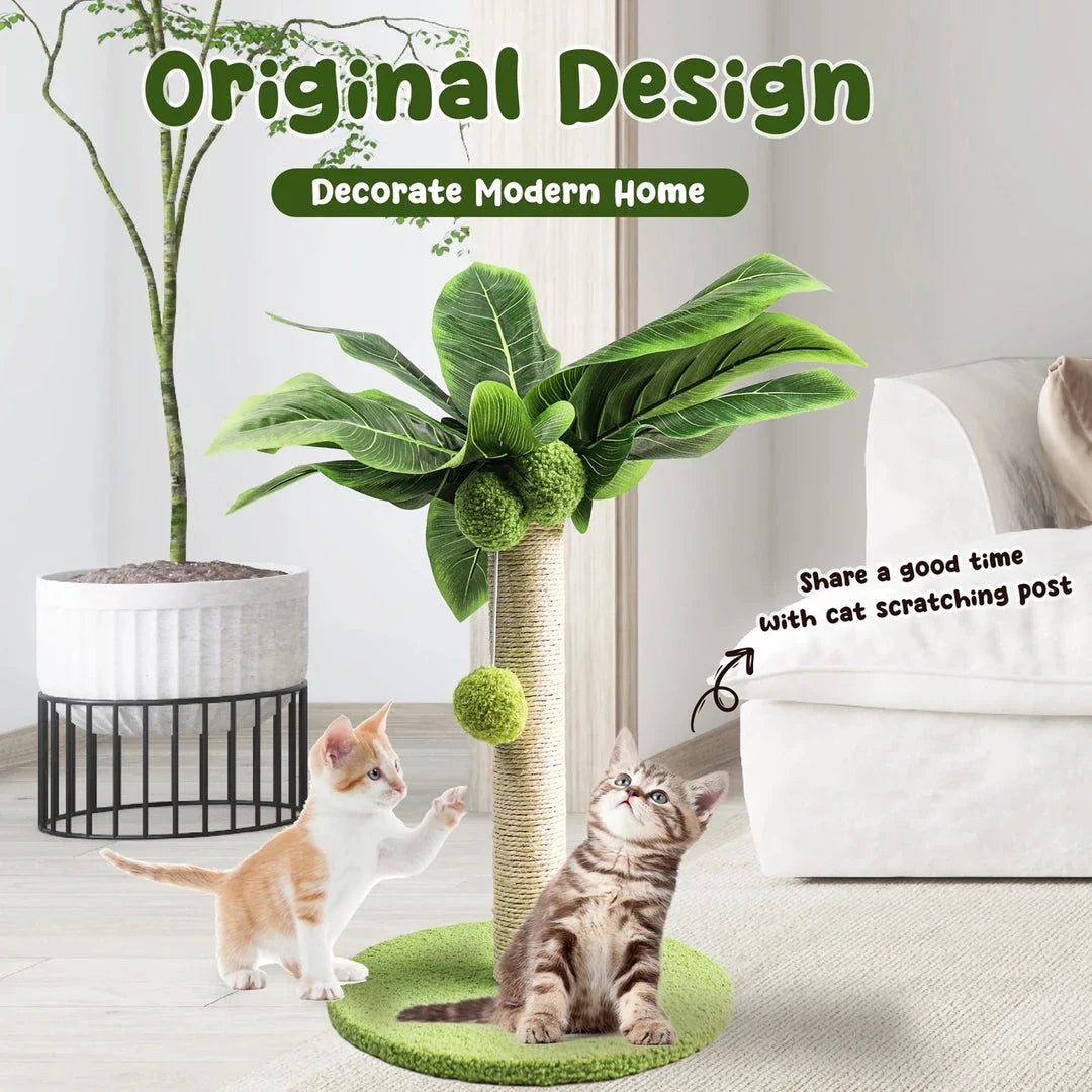 Adorable green leaves cat scratching post with tree-inspired design and interactive play features