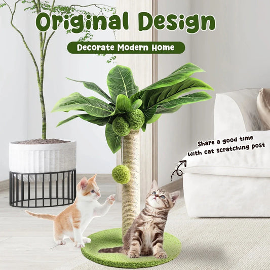 Adorable green leaves cat scratching post with tree-inspired design and interactive play features