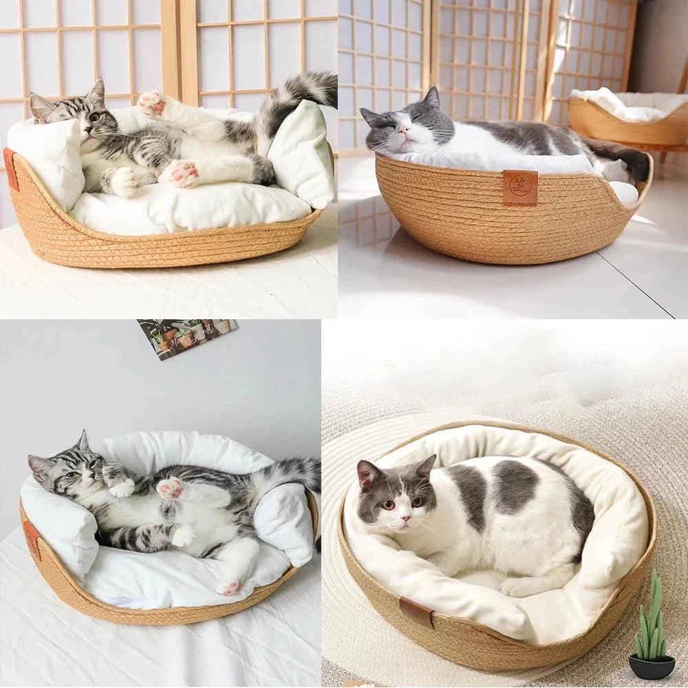 Handmade bamboo pet bed with removable cushion, designed for cosy relaxation of cats and small dogs