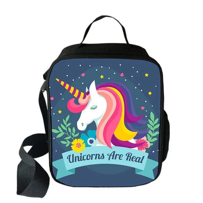 Cartoon unicorn printed lunch bag for children, featuring a vibrant design and durable polyester construction