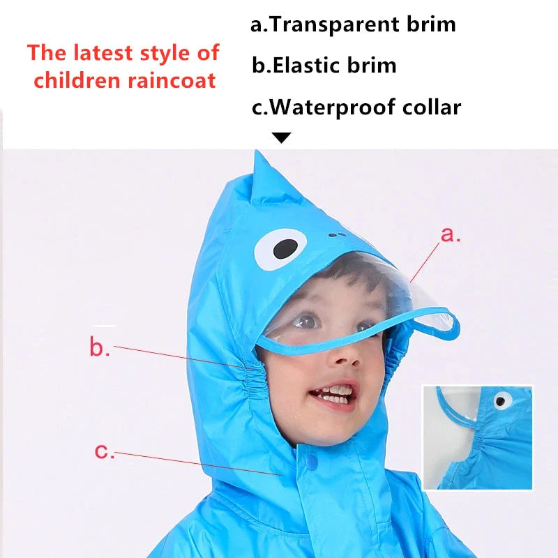 Children wearing a vibrant, dinosaur-themed waterproof rain jumpsuit playing outdoors in the rain