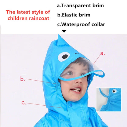 Children wearing a vibrant, dinosaur-themed waterproof rain jumpsuit playing outdoors in the rain
