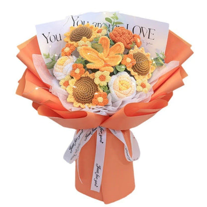 Beautifully crafted knitted bouquet with vibrant sunflowers, featuring a warm LED lighting system for a captivating display
