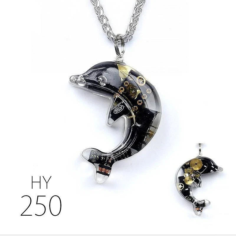Steampunk-inspired dolphin pendant necklace with electronic components and brass accents