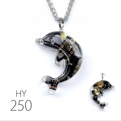 Steampunk-inspired dolphin pendant necklace with electronic components and brass accents