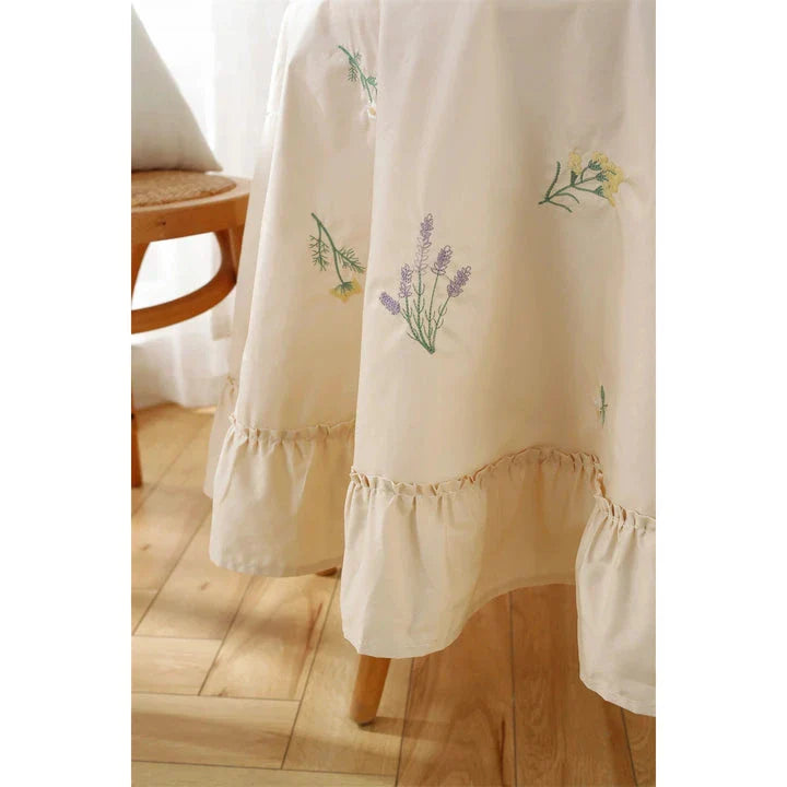 Elegant British Cotton Tablecloth with Intricate Apricot Embroidery and Lotus Leaf Edge
