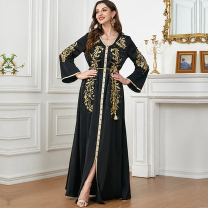 A sophisticated long-sleeve women's dress with a captivating floral embroidery pattern and a refined colour palette, suitable for a variety of occasions.