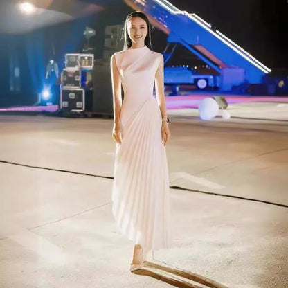 Elegant asymmetric dress in wine red and milky white with a half turtleneck design, perfect for autumn and winter wear.