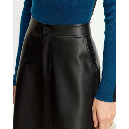 Elegant autumn ankle-length a-line leather midi skirt for women in black colour