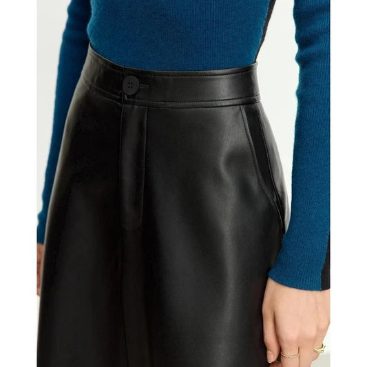 Elegant autumn ankle-length a-line leather midi skirt for women in black colour
