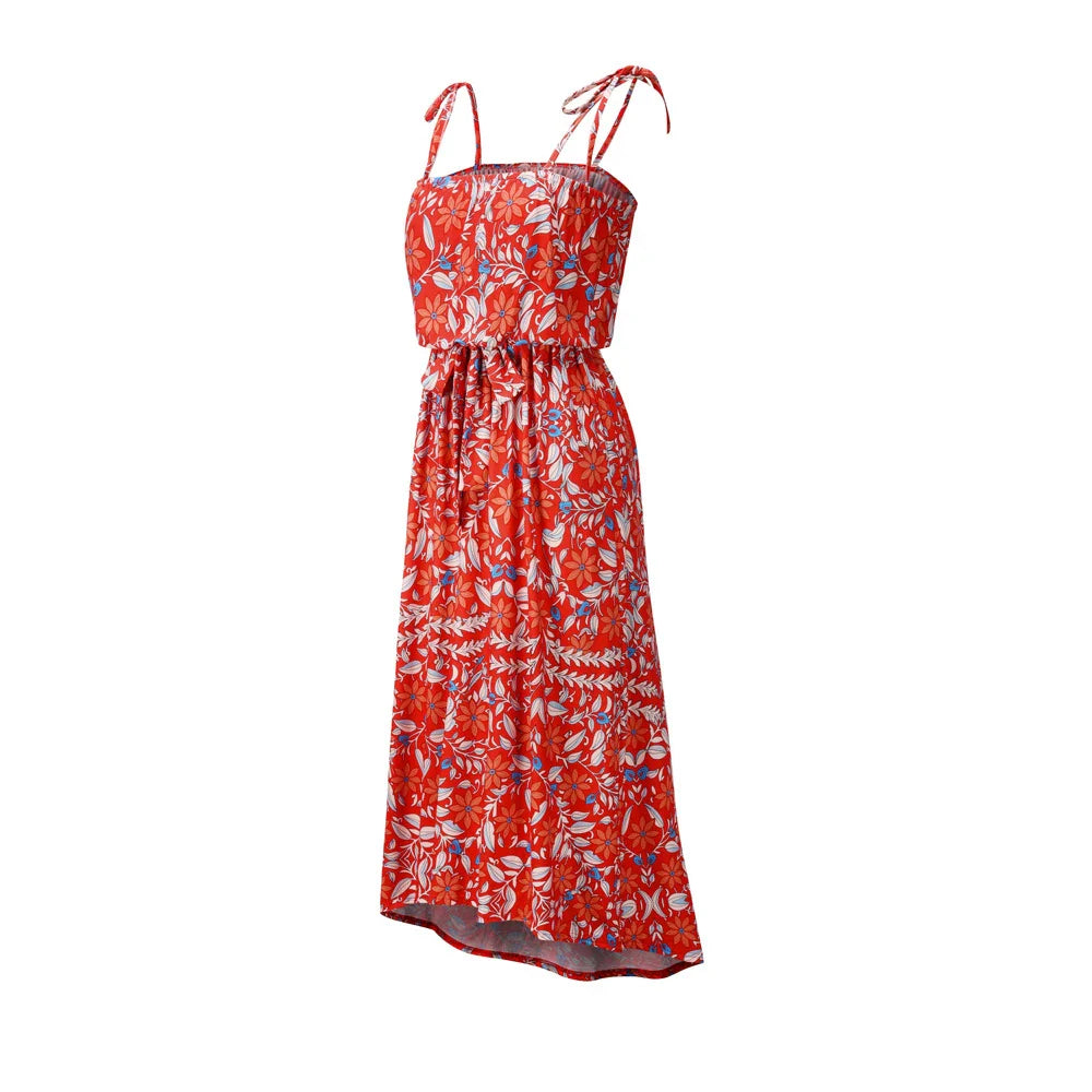 Printed camisole dress with a flattering mid-length swing skirt and a high-waisted design for a stylish, figure-enhancing look.