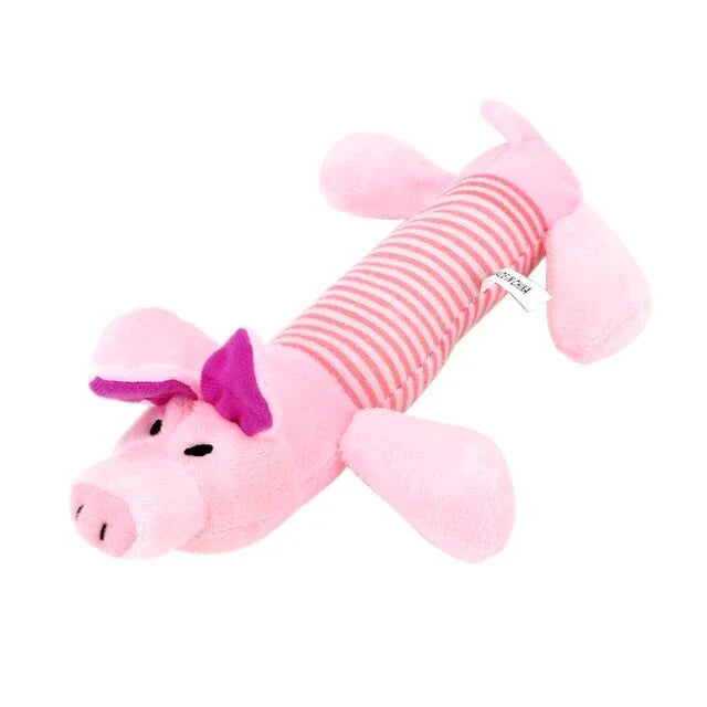 A vibrant, squeaky plush dog toy with textured stripes for dental cleaning during play