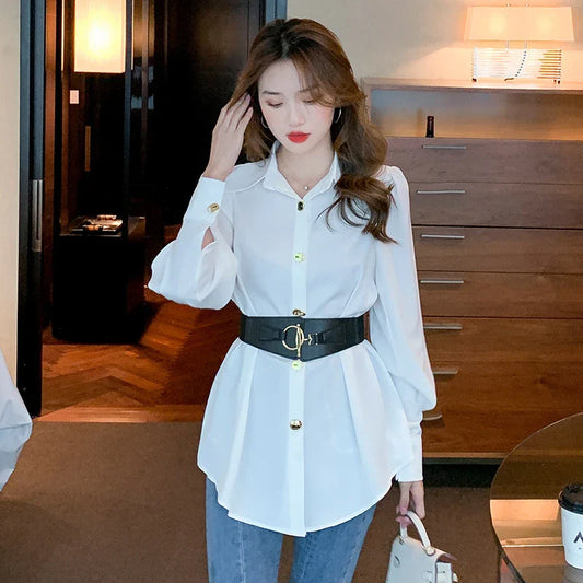Elegant long sleeve blouse with metal buckle and removable belt in white and black colours