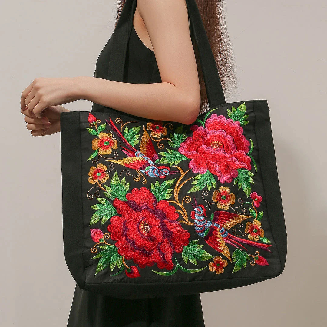 Elegant British Phoenix Embroidered Canvas Shoulder Bag for Women - Timeless Elegance and Cultural Heritage