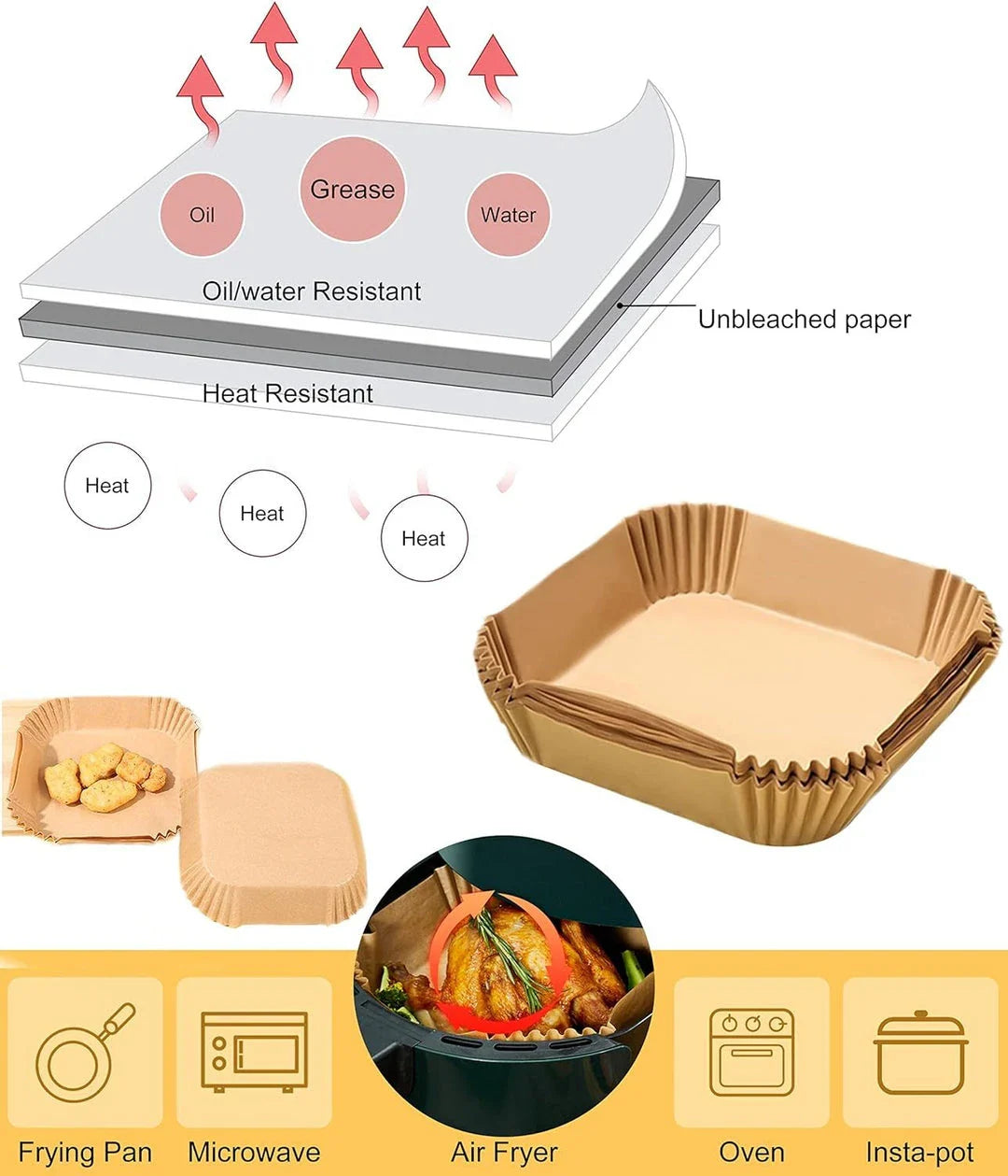 50 disposable air fryer liners made from non-toxic wood paper for easy clean-up and non-stick cooking