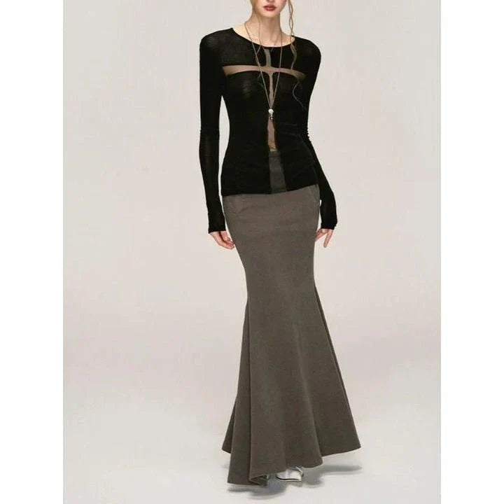 A stylish Gothic Cross Gauze T-Shirt featuring a subtle yet bold cross design and a see-through gauze patchwork for a captivating, edgy look.