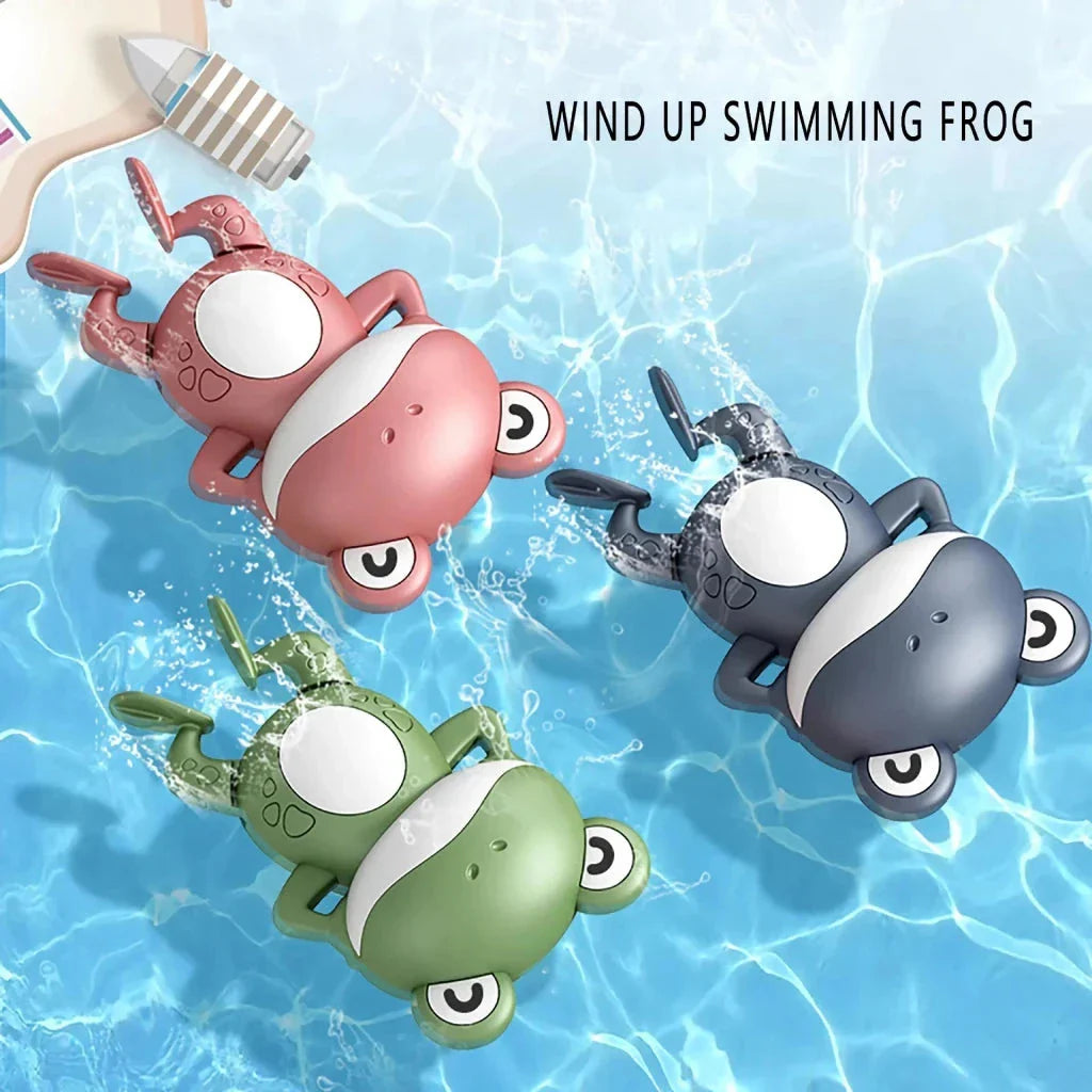 Delightful Clockwork Baby Bath Toy - Cute Frog Design, featuring a pink frog toy with a clockwork mechanism for swimming action