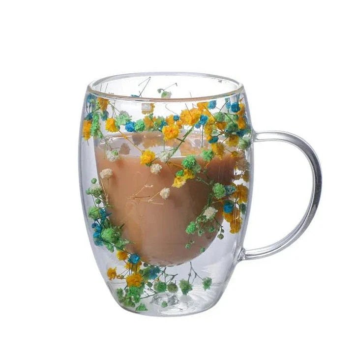 Elegant double-walled glass tea mug with a captivating floral design, ideal for hot and cold beverages