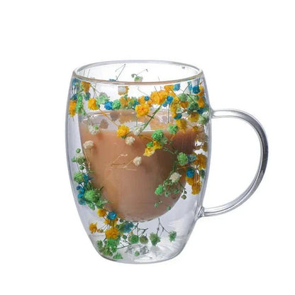 Elegant double-walled glass tea mug with a captivating floral design, ideal for hot and cold beverages