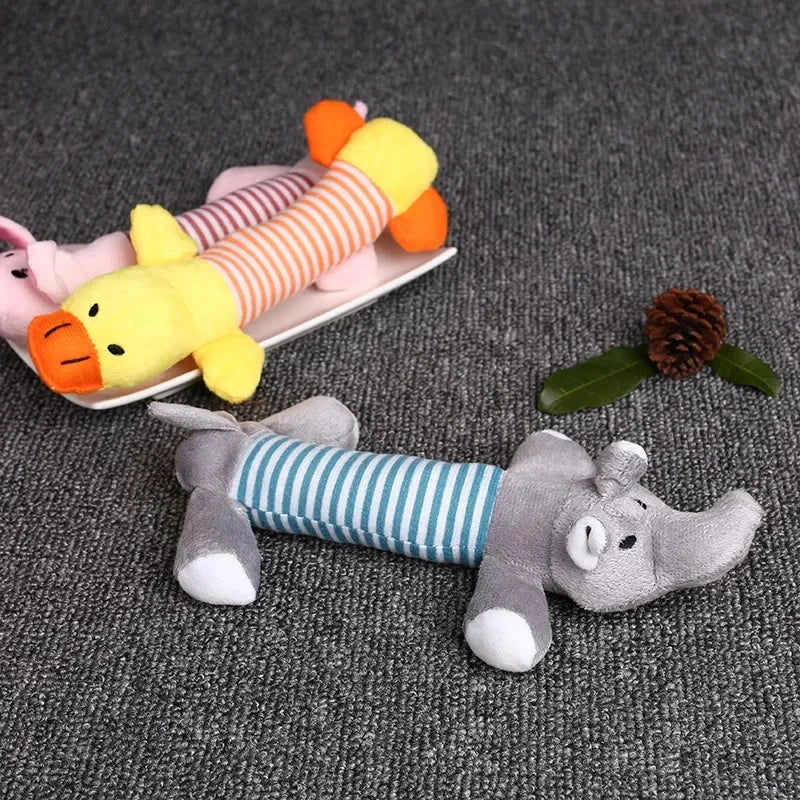 A vibrant, squeaky plush dog toy with textured stripes for dental cleaning during play