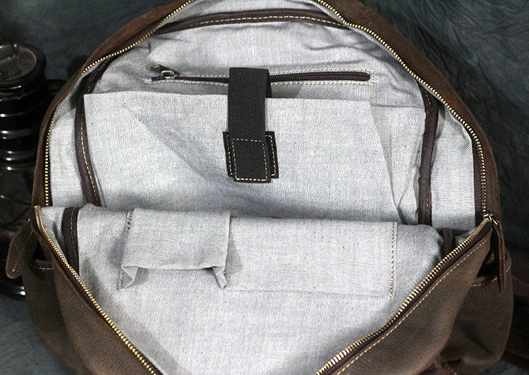 Premium Crazy Horse Leather Backpack with Retro Korean-inspired Design, Featuring Durable Canvas Lining and Ample Storage for 15-inch Laptops