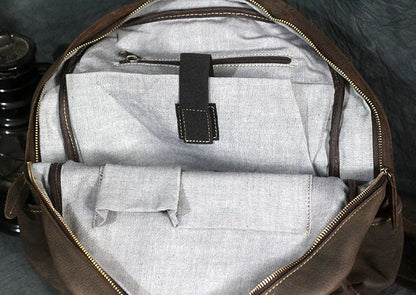 Premium Crazy Horse Leather Backpack with Retro Korean-inspired Design, Featuring Durable Canvas Lining and Ample Storage for 15-inch Laptops