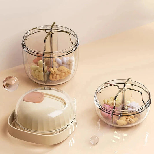 Compact and waterproof pill organiser with transparent body and spiral sliding cover for organised medication storage during travel