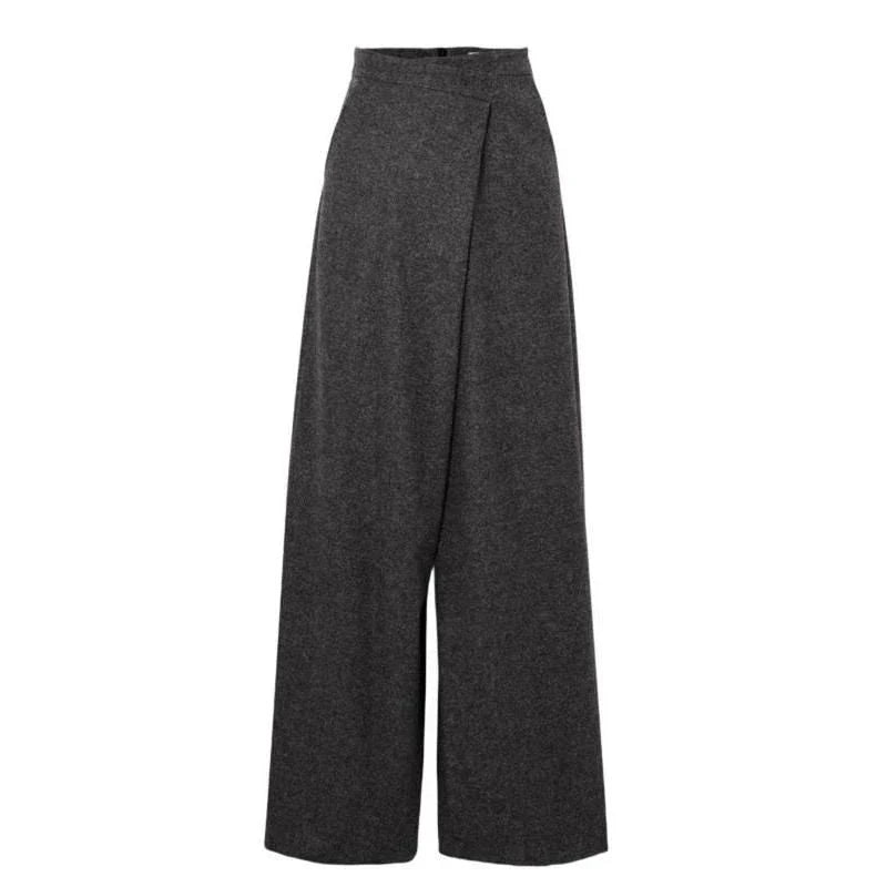 Elegant woollen wide-leg trousers in a high-waist design with unique asymmetric detailing, perfect for the discerning British woman.