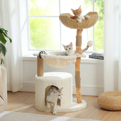 Elegant modern cat tree with woven basket, hammock, and solid wood scratching post for large indoor cats