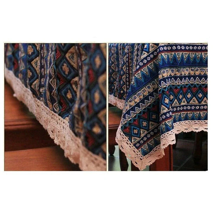 Bohemian-patterned dining tablecloth with intricate jacquard weave and vibrant colours