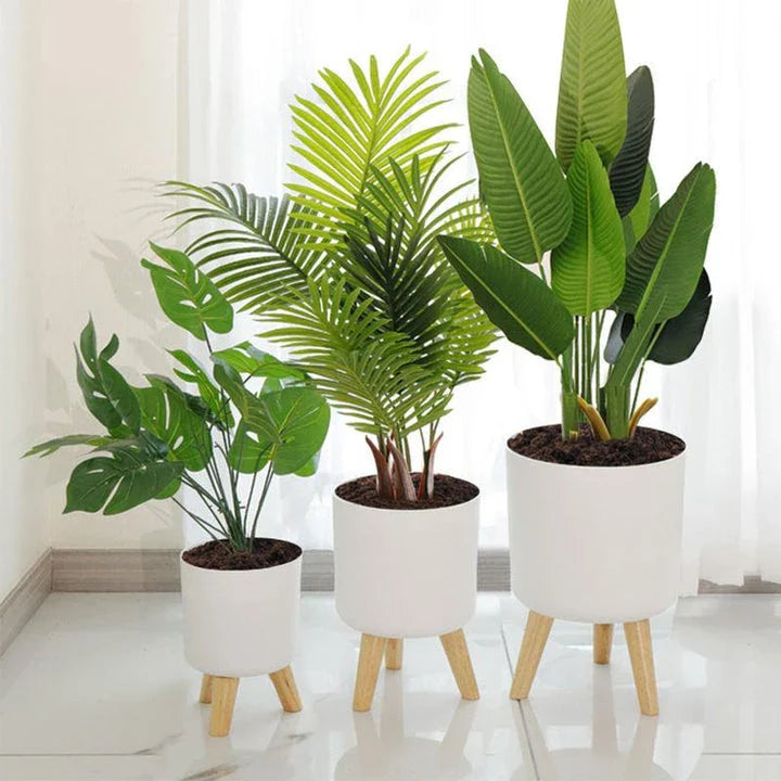 Modern self-watering planter with sleek wooden stand, available in small, medium, and large sizes