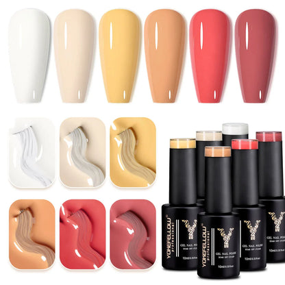 Autumn-inspired gel nail polish kit with vibrant orange, yellow, and glitter shades