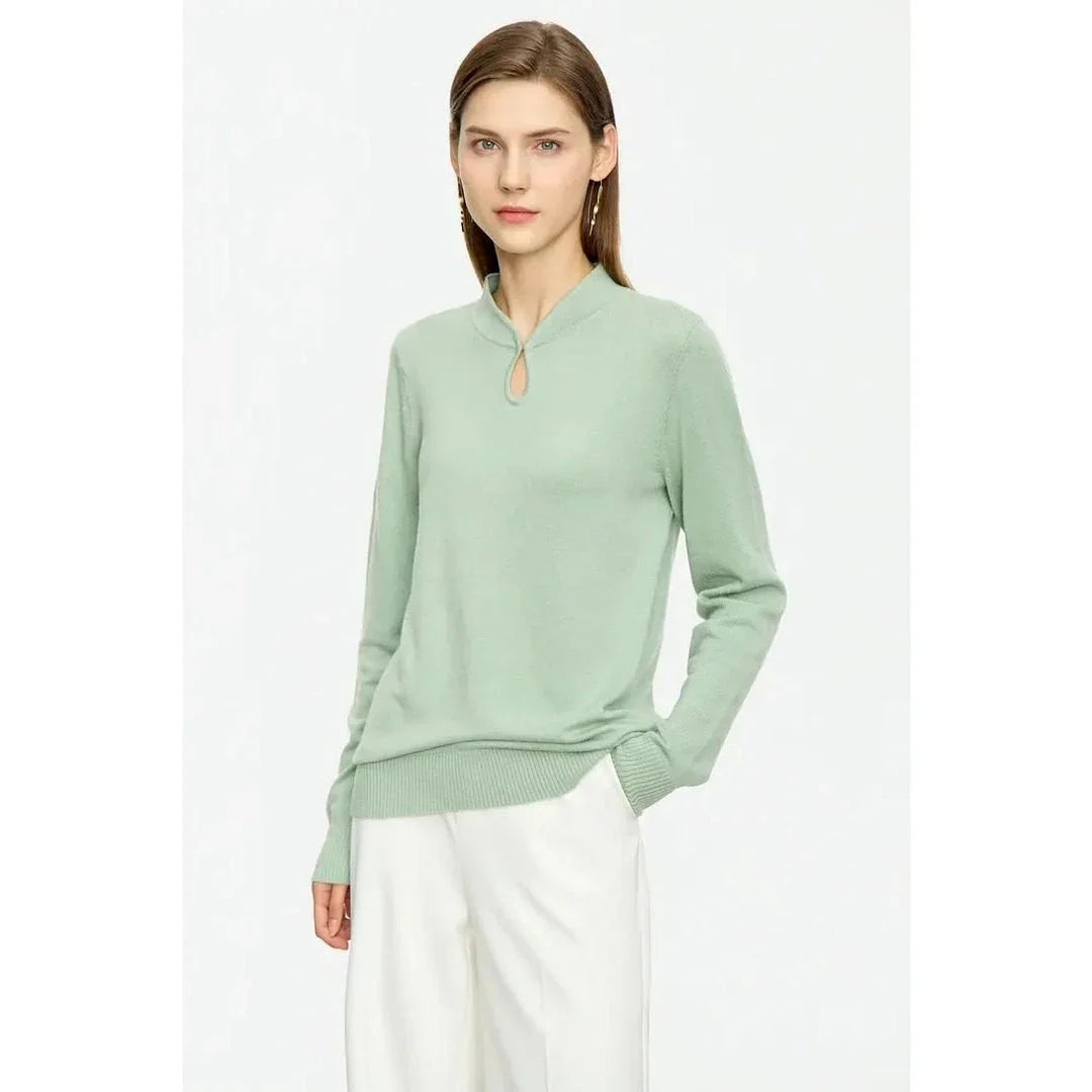 Chic minimalist u-collar long sleeve pullover in green and purple colours, featuring elegant design and cozy materials