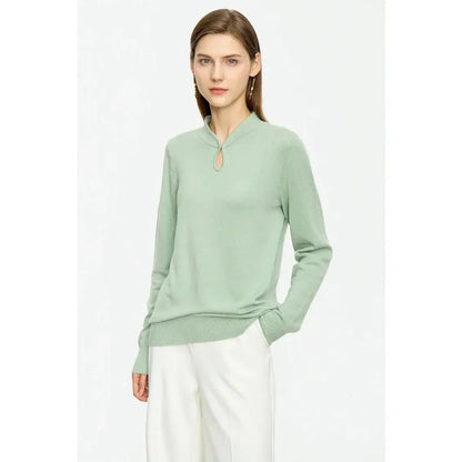 Chic minimalist u-collar long sleeve pullover in green and purple colours, featuring elegant design and cozy materials