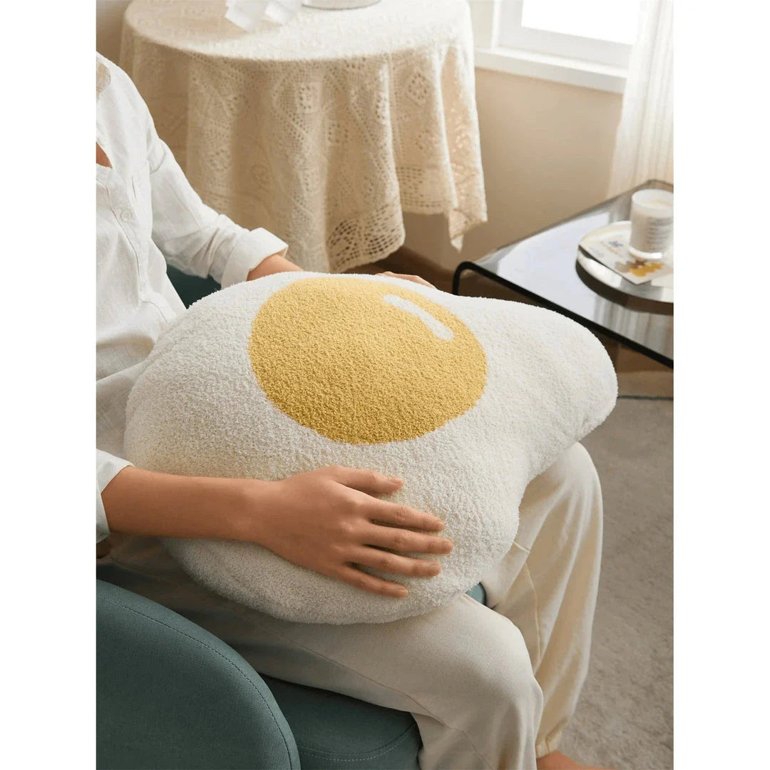 Cosy and charming kawaii fried egg throw pillow with plush microfiber fabric and cotton filling for stylish home decor