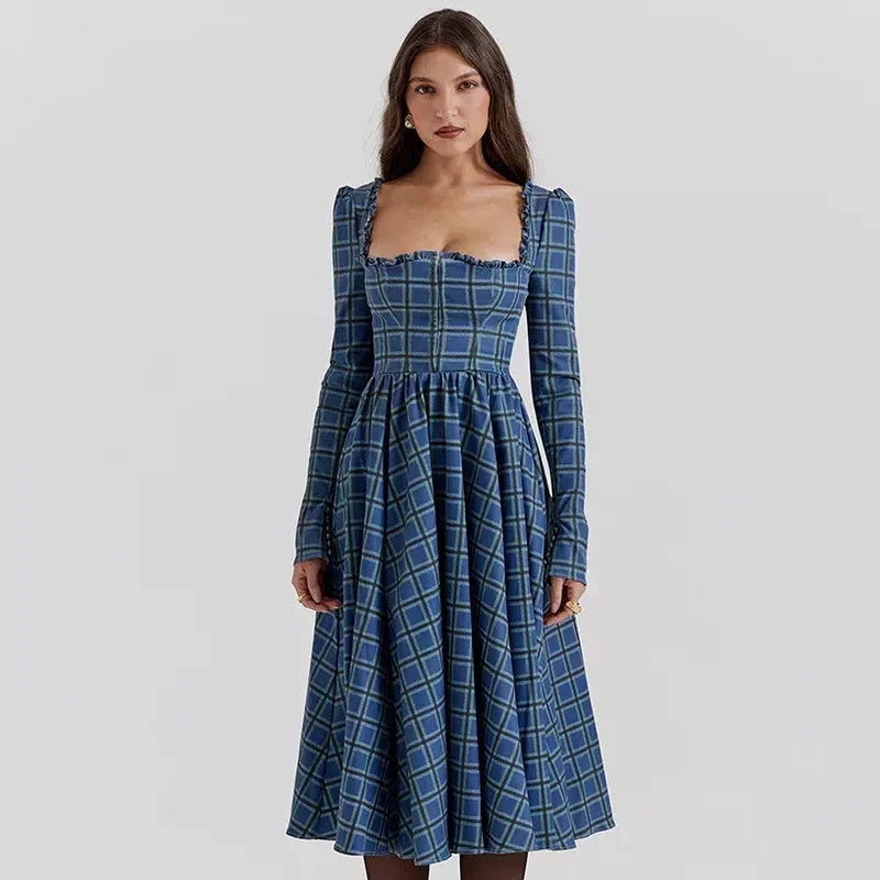 Elegant plaid A-line midi dress with square collar, backless design, and empire waistline