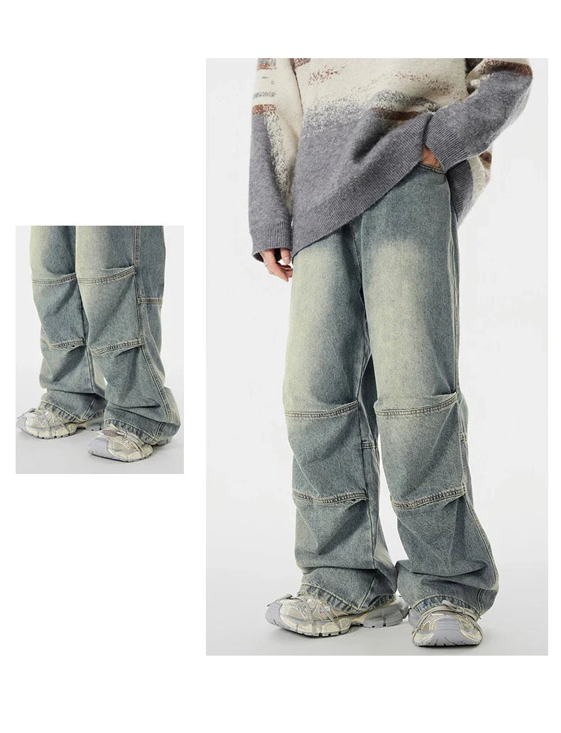 Men's overalls in retro blue denim with zipper fly and comfortable mid-waist design