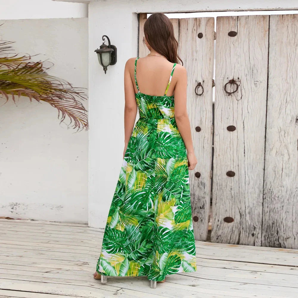 Elegant bohemian-inspired paisley print maxi dress with spaghetti straps and V-neckline