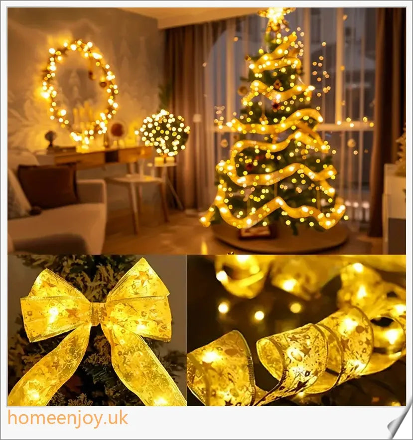 Festive Christmas ribbon fairy lights with 100 warm LED lights, available in gold and silver colours