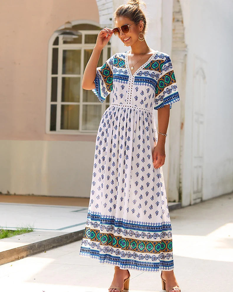Elegant Bohemian-inspired autumn dress in vibrant yellow, made from premium cotton for a soft and comfortable feel.