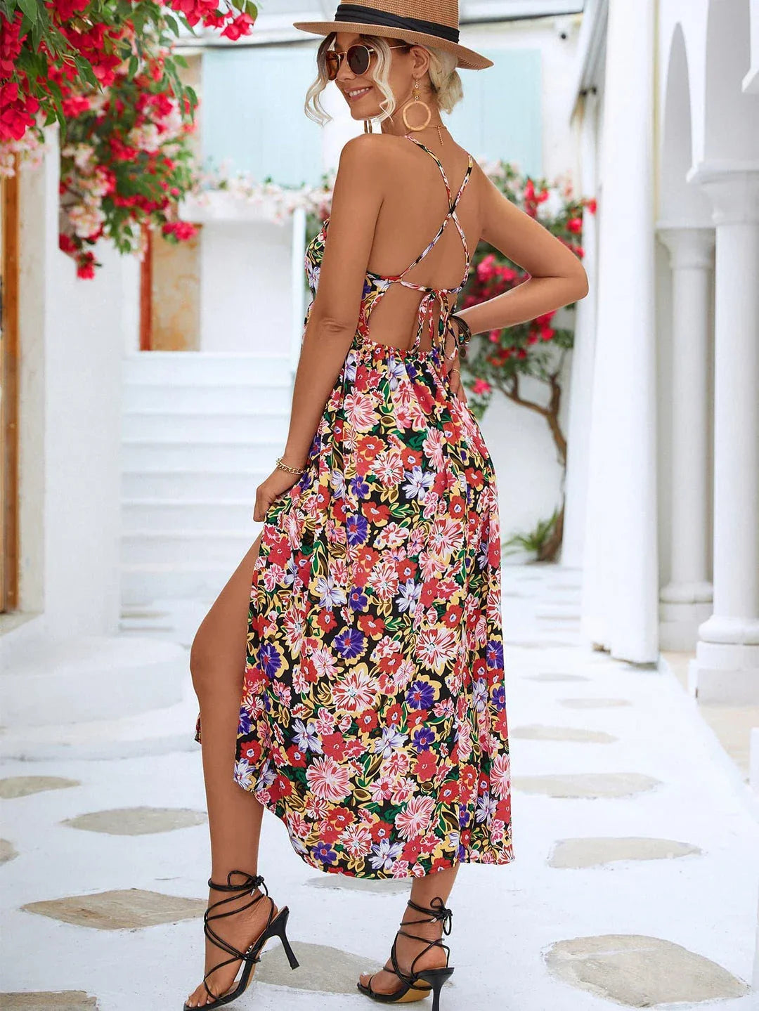 Floral Crisscross Backless Maxi Dress with Thigh Split in White and Blue Colours