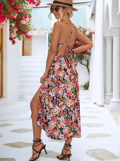 Floral Crisscross Backless Maxi Dress with Thigh Split in White and Blue Colours