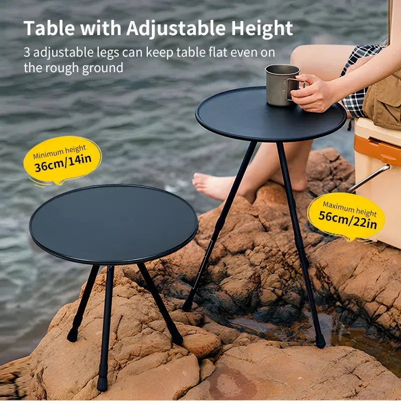 Adjustable ultralight portable camping round table with optional light stand, made from premium ABS and aluminium for durability and convenience
