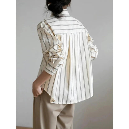 Elegant striped office blouse with chic drop shoulder design, made from premium polyester-cotton blend for durability and comfort