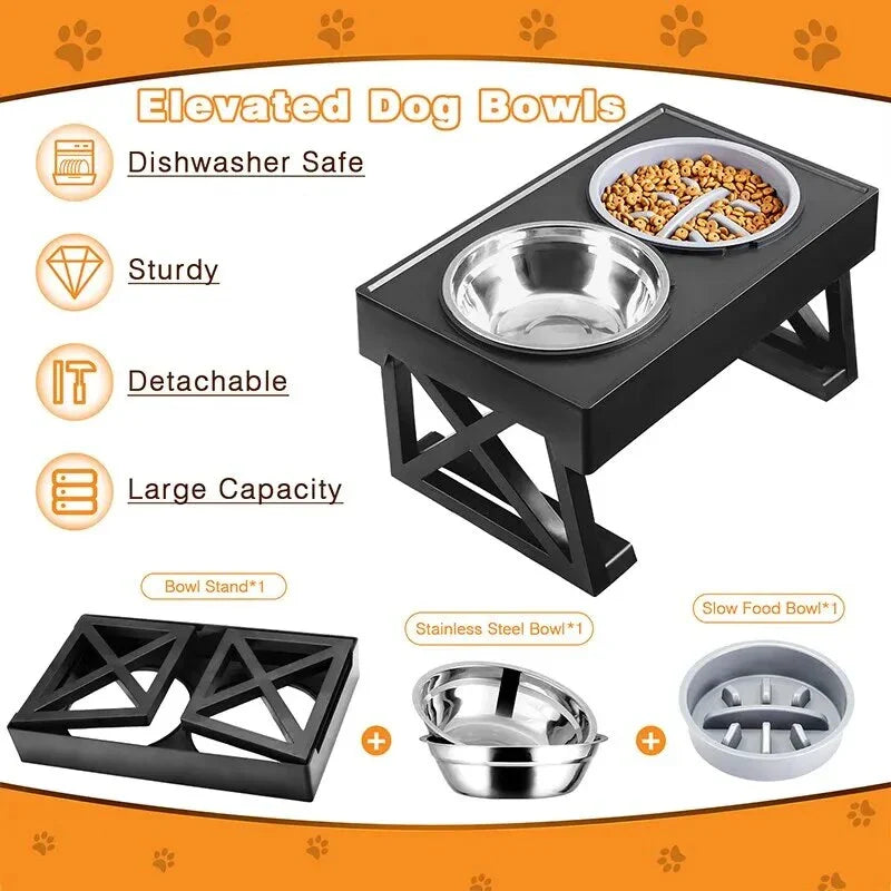 Adjustable height dog bowl stand with slow feeding option, suitable for medium to large dogs