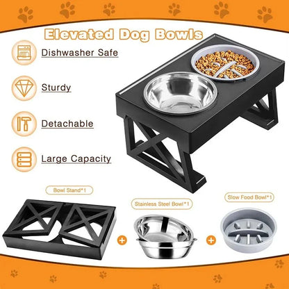 Adjustable height dog bowl stand with slow feeding option, suitable for medium to large dogs