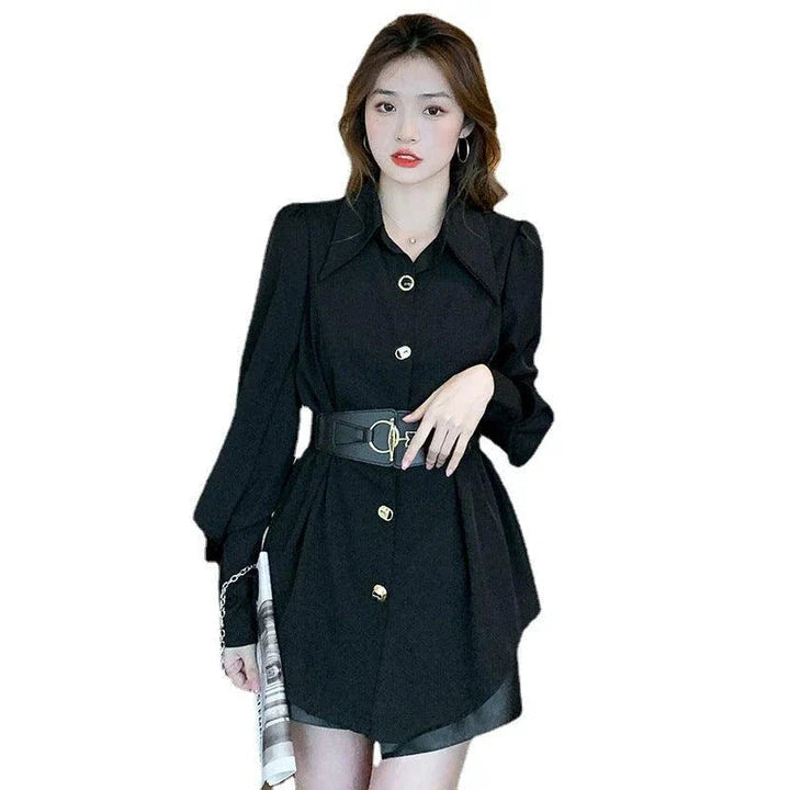 Elegant long sleeve blouse with metal buckle and removable belt in white and black colours